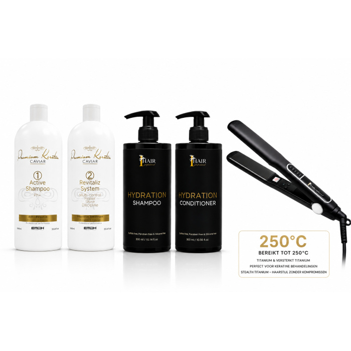 iHair Titanium Keratin Professional Set – 250°C Salon Edition Ontdek de perfecte combinatie van professionele keratineverzorging, intensieve hydratatie en krachtige stylingtechnologie in één exclusieve set. De Premium Keratin Caviar Treatment helpt het haar diepgaand te verzorgen, de haarvezel te versterken en zorgt voor een gladder, glanzender en beter controleerbaar resultaat. Ideaal voor droog, pluizig, beschadigd of chemisch behandeld haar. De iHair Hydration Shampoo & Conditioner met sulfaatvrije professionele formule helpen het natuurlijke vochtgehalte van het haar te behouden, verminderen pluizigheid en zorgen voor zijdezacht, gezond en stralend haar. De krachtige iHair Professional Titanium Stealth Styler bereikt tot 250°C en is speciaal ontwikkeld voor keratine-, proteïne- en professionele gladmakende behandelingen. Dankzij de versterkte Titanium platen wordt de warmte gelijkmatig verdeeld voor sneller, gladder en professioneler resultaat. Voordelen: ✔ Bereikt tot 250°C ✔ Versterkte Titanium technologie ✔ Perfect voor keratine behandelingen ✔ Sulfaatvrije professionele verzorging ✔ Vermindert pluizigheid ✔ Intense glans en langdurige zachtheid ✔ Ontwikkeld voor professioneel salongebruik Exclusief geselecteerd door Flaka.be – Professionele haarverzorging voor echte specialisten.