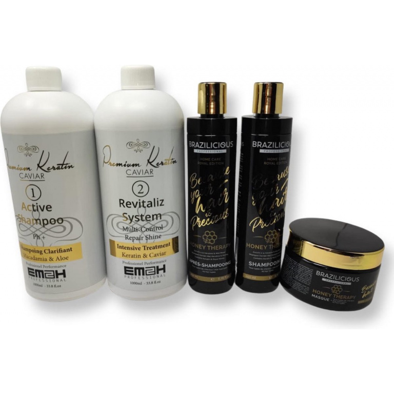 Keratin Caviar Kit 2 x 1000ml & Brazilicious Honey Shampoo & Conditioner & masker 3x250ml