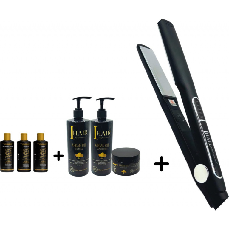 BraziliCious Honey Therapy Keratine 3 x 100 ml + I HAIR Stijltang 250 ° + Onderhoudsshampoo & Conditioner & Masqua