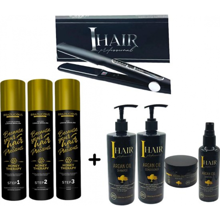BraziliCious Honey Therapy Keratine 3 x 1000 ml + Lizze Stijltang 250 ° + Onderhoudsshampoo & Conditioner & Masqu & Argan oil