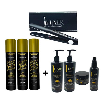 BraziliCious Honey Therapy Keratine 3 x 1000 ml + Lizze Stijltang 250 ° + Onderhoudsshampoo & Conditioner & Masqu & Argan oil