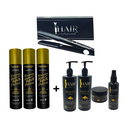 BraziliCious Honey Therapy Keratine 3 x 1000 ml + Lizze Stijltang 250 ° + Onderhoudsshampoo & Conditioner & Masqu & Argan oil