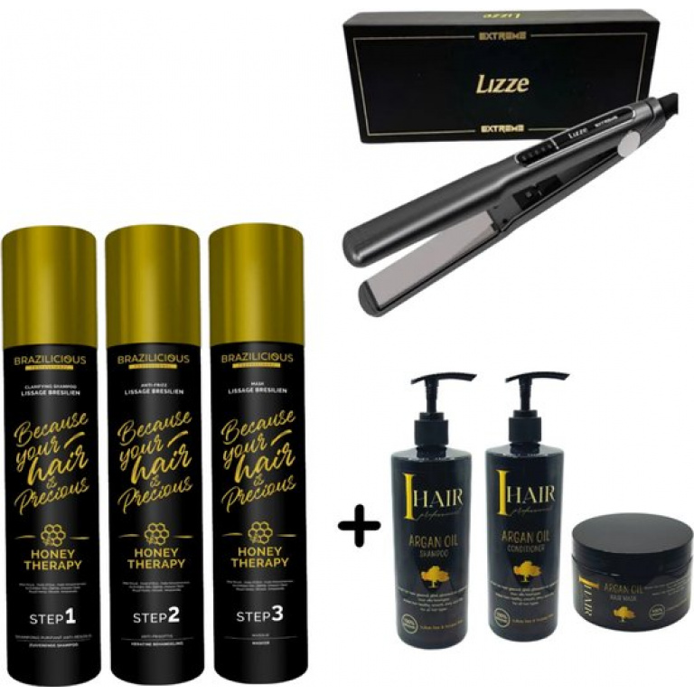 BraziliCious Honey Therapy Keratine 3x 000 ml + Lizze Stijltang 250°