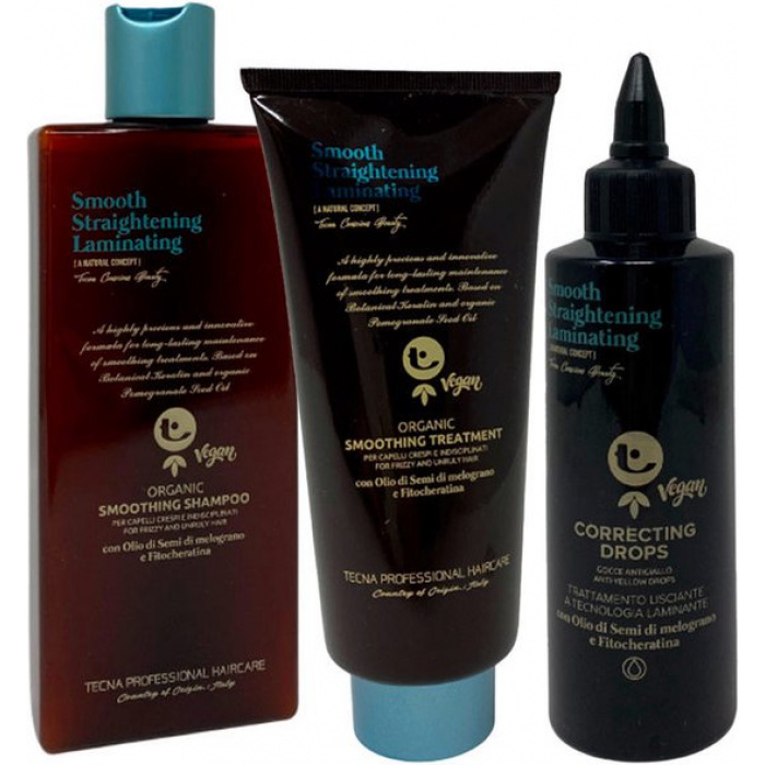 Tecna Smooth Straightening Laminating Organic Smoothing Shampoo 250ml Treatment 200ml Drops 150ml - Afbeelding 1