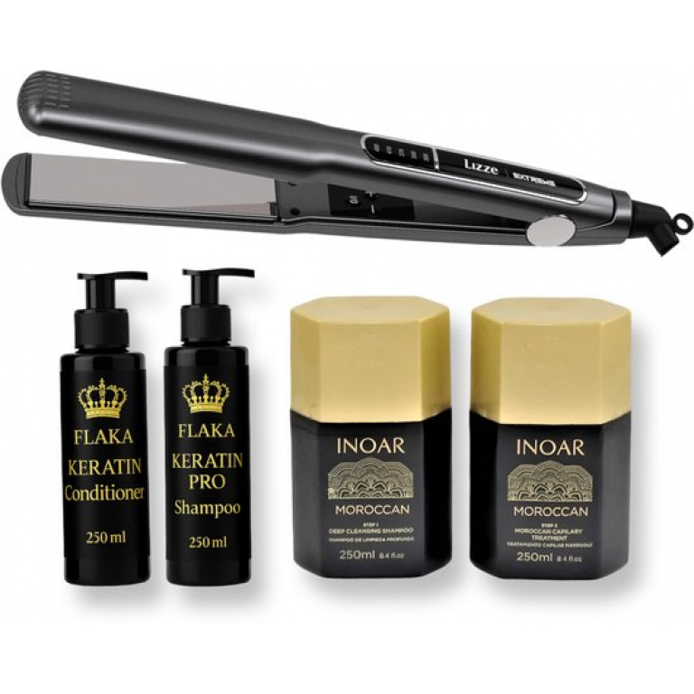 Inoar Moroccan Kit 250 ML & Lizze | Extreme Titanium Hair Straightener | Stijltang | 250°C / 220V & Glanzend Haar & Shampoo & Conditioner na Keratinebehandeling