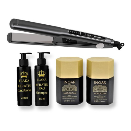Inoar Moroccan Kit 250 ML & Lizze | Extreme Titanium Hair Straightener | Stijltang | 250°C / 220V & Glanzend Haar & Shampoo & Conditioner na Keratinebehandeling
