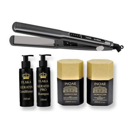 Inoar Moroccan Kit 250 ML & Lizze | Extreme Titanium Hair Straightener | Stijltang | 250°C / 220V & Glanzend Haar & Shampoo & Conditioner na Keratinebehandeling