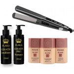 Inoar G HAIR keratine treatment kit 3x250ml & LIZZE TITANIO 480 F EXTREME & 250° C stijltang & Glanzend Haar & Shampoo & Conditioner na Keratinebehandeling