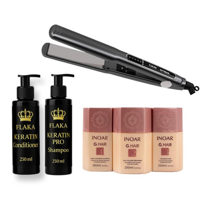 Inoar G HAIR keratine treatment kit 3x250ml & LIZZE TITANIO 480 F EXTREME & 250° C stijltang & Glanzend Haar & Shampoo & Conditioner na Keratinebehandeling