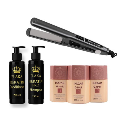 Inoar G HAIR keratine treatment kit 3x250ml & LIZZE TITANIO 480 F EXTREME & 250° C stijltang & Glanzend Haar & Shampoo & Conditioner na Keratinebehandeling