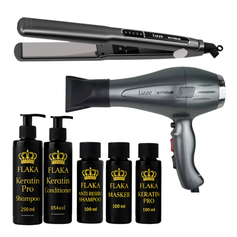 FlaKa Keratin Pro 100ml – Organische Keratinebehandeling voor Glad & Glanzend Haar & Shampoo & Conditioner na Keratinebehandeling & Lizze Extreme Titane Stijltang 250°c 480°F &  Lizze Extreme Haardroger 2400 WATTS