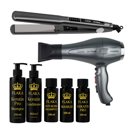 FlaKa Keratin Pro 100ml – Organische Keratinebehandeling voor Glad & Glanzend Haar & Shampoo & Conditioner na Keratinebehandeling & Lizze Extreme Titane Stijltang 250°c 480°F &  Lizze Extreme Haardroger 2400 WATTS