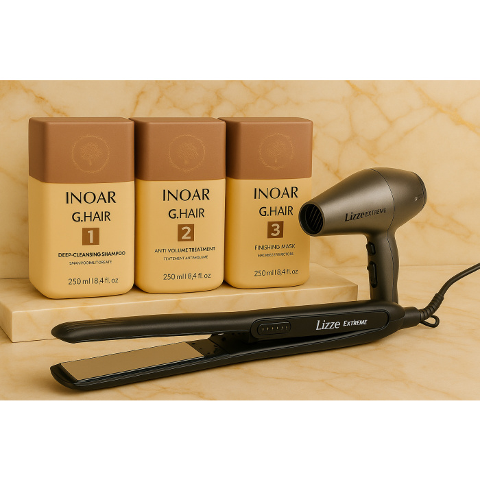 Inoar G Hair 3x250ml Original braziliaanse keratine behandeling treatment & LIZZE TITANIO 480 F EXTREME & 250° C stijltang & Lizze Extreme Haardroger 2400 WATTS - Afbeelding 1