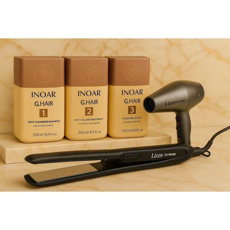 Inoar G Hair 3x250ml Original braziliaanse keratine behandeling treatment & LIZZE TITANIO 480 F EXTREME & 250° C stijltang & Lizze Extreme Haardroger 2400 WATTS