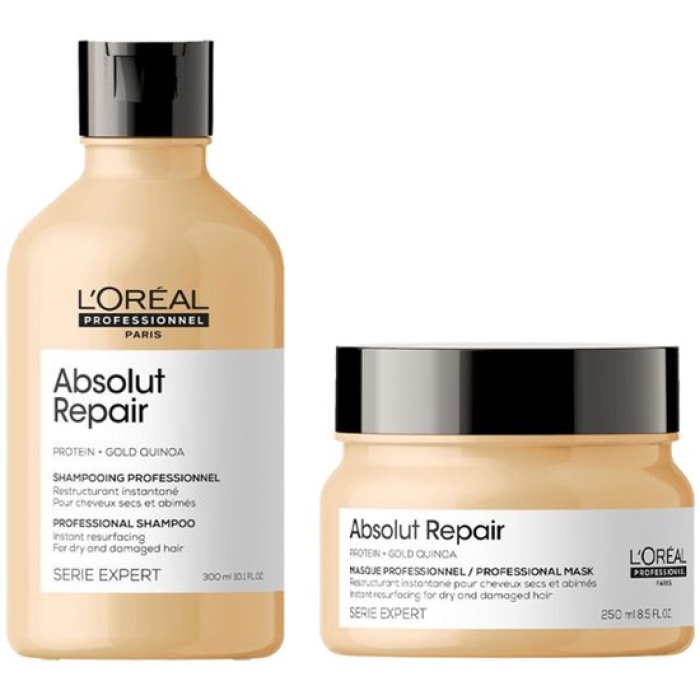 Productbeschrijving L'Oréal Serie Expert Absolut Repair Gold Shampoo en Haarmasker herstellen (zeer) beschadigd haar intensief. De shampoo ontklit, voedt en maakt het haar zichtbaar sterker en glanzender. Het haarmasker geeft een extra boost, hydrateert diep en sluit de haarschubben voor een gezond en veerkrachtig resultaat. flaka.be