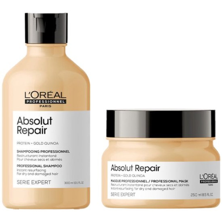 Productbeschrijving L'Oréal Serie Expert Absolut Repair Gold Shampoo en Haarmasker herstellen (zeer) beschadigd haar intensief. De shampoo ontklit, voedt en maakt het haar zichtbaar sterker en glanzender. Het haarmasker geeft een extra boost, hydrateert diep en sluit de haarschubben voor een gezond en veerkrachtig resultaat. flaka.be
