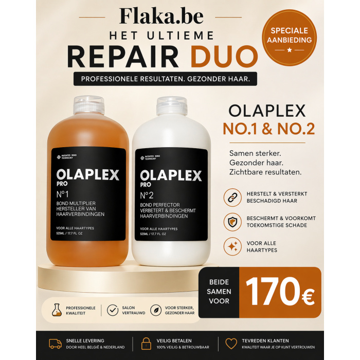 OLAPLEX PRO – Professionele Herstelkracht bij Flaka.be Ontdek de kracht van originele salonkwaliteit met OLAPLEX PRO Nº1 en Nº2, nu beschikbaar bij Flaka.be. Deze geavanceerde bond-building technologie herstelt beschadigde haarverbindingen diep van binnenuit en zorgt voor zichtbaar sterker, gezonder en glanzender haar. Perfect voor intensieve behandelingen in het salon of voor professionals die alleen het beste willen.
