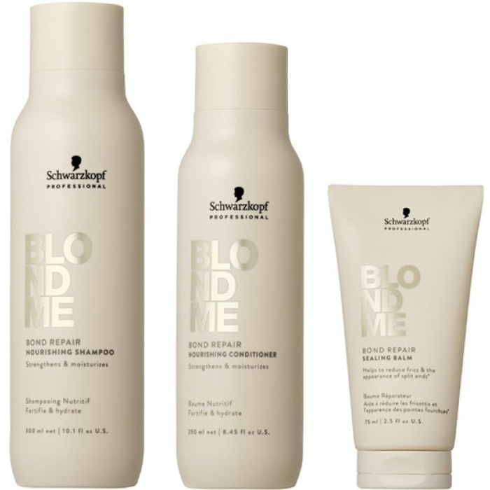 Schwarzkopf BlondMe Bond Repair Shampoo, Conditioner en Sealing Balm verzorgen en versterken blond en chemisch behandeld haar met BOND REPAIR TECHNOLOGY. De shampoo reinigt mild en hydrateert, de conditioner ontwart en voedt zonder te verzwaren, terwijl de sealing balm gespleten punten verzegelt en langdurige bescherming biedt voor een glad en gezond resultaat. flaka.be