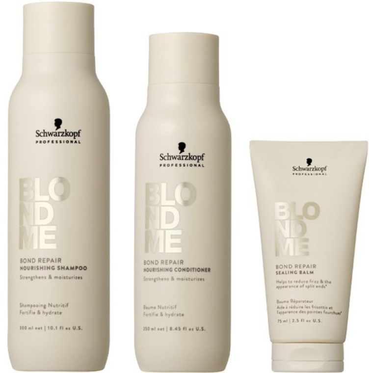 Schwarzkopf BlondMe Bond Repair Shampoo, Conditioner en Sealing Balm verzorgen en versterken blond en chemisch behandeld haar met BOND REPAIR TECHNOLOGY. De shampoo reinigt mild en hydrateert, de conditioner ontwart en voedt zonder te verzwaren, terwijl de sealing balm gespleten punten verzegelt en langdurige bescherming biedt voor een glad en gezond resultaat. flaka.be