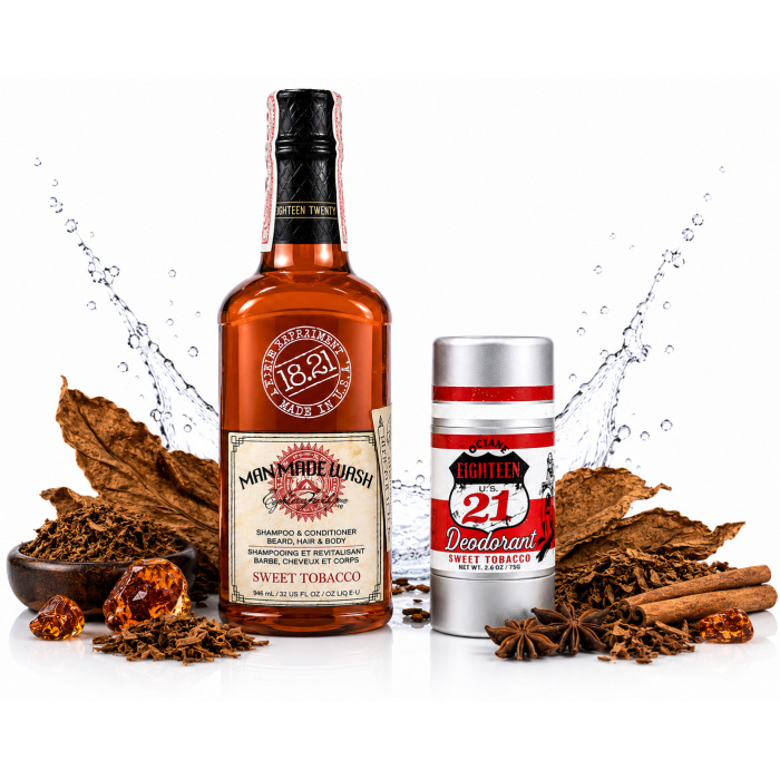Google Beschrijving: De 18.21 Sweet Tobacco Luxury Duo is een exclusieve mannenverzorgingsset voor mannen die houden van luxe, elegantie en een krachtige barbershop-uitstraling. Deze premium set combineert de iconische 18.21 Man Made Wash Sweet Tobacco met de bijpassende Sweet Tobacco deodorant voor een complete dagelijkse verzorgingsroutine. De Man Made Wash is geschikt voor haar, baard en lichaam en reinigt intensief zonder de huid of het haar uit te drogen. Dankzij de rijke formule blijft het haar zacht, fris en verzorgd terwijl de warme Sweet Tobacco geur zorgt voor een luxe en langdurige geurbeleving met tonen van tabak, warme kruiden, hout en lichte zoete accenten. De Sweet Tobacco deodorant biedt langdurige bescherming en sluit perfect aan bij de geur van de wash. De combinatie van warme tobacco tonen en premium barbershop vibes maakt deze set ideaal voor moderne mannen die houden van exclusieve grooming producten. Perfect als luxe cadeaupakket, professionele grooming set of dagelijkse verzorging voor mannen die kwaliteit en uitstraling belangrijk vinden. Voordelen: • Luxe mannenverzorging • Geschikt voor haar, baard en lichaam • Warme Sweet Tobacco geur • Langdurige frisheid • Premium barbershop uitstraling • Perfect als cadeaupakket • Professionele grooming experience Bestel nu exclusief bij Flaka.be en ervaar de luxe wereld van 18.21 Man Made.