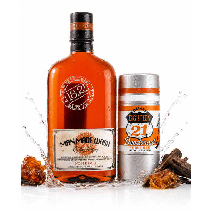 18.21 Man Made Noble Oud – Luxe 3-in-1 Verzorging voor de Moderne Man Ervaar pure luxe met de 18.21 Man Made Noble Oud Wash collectie. Deze exclusieve 3-in-1 formule combineert shampoo, conditioner en body wash in één premium verzorgingsproduct voor mannen die houden van klasse, stijl en een krachtige geurbeleving. De verfijnde Noble Oud geur combineert warme houttonen, kruidige accenten en een diepe luxe oud-geur die langdurig blijft hangen. Ideaal voor mannen die een elegante, krachtige en mysterieuze uitstraling willen creëren. Dankzij de hydraterende formule wordt het haar zacht, glanzend en gezond zonder uit te drogen. Geschikt voor haar, baard en lichaam. Waarom kiezen voor 18.21 Man Made Noble Oud? 3-in-1: shampoo, conditioner & body wash Luxe Noble Oud geur met warme houtachtige tonen Geschikt voor haar, baard en lichaam Hydrateert en verzorgt intensief Langdurige frisse en mannelijke geur Premium barber kwaliteit Ideaal voor dagelijks gebruik Geschikt voor alle haartypes Noble Oud Deodorant – Premium Bescherming de Hele Dag De 18.21 Man Made Noble Oud Deodorant biedt langdurige bescherming tegen ongewenste geurtjes en zorgt voor een verfijnde, luxe geurervaring gedurende de hele dag. De formule voelt licht aan op de huid en laat geen plakkerig gevoel achter. Perfect te combineren met de Noble Oud Wash voor een complete premium verzorgingsroutine. Gebruik Breng de wash aan op nat haar en lichaam. Masseer goed in en spoel grondig uit. Gebruik daarna de deodorant voor maximale frisheid en langdurige bescherming. Bestel nu bij Flaka.be