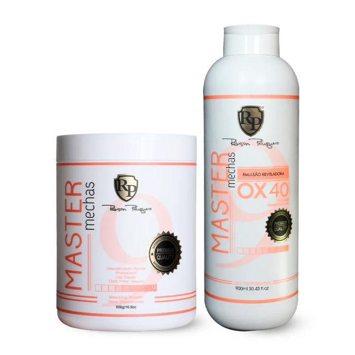 Description of Master Mechas Master Mechas Bleaching Powder is a dust-free, fast, uniform, and progressive product designed for all professional hair bleaching, reflection, balancing, stripping, and bleaching techniques. Its self-protective formula ensures that it does not harm the hair strands. This product is essential for hair discoloration, and its unique formula was made with the highest technology to meet the needs of each client. When used with hydrogen peroxide or ammonia, Master Mechas bleaching powder perfectly bleaches the hair strands, removes color pigments, and opens the hair fiber to receive the desired hue. After discoloration, the hair needs treatment to hydrate and protect it from the damage caused by chemicals. How to Use: Mix the bleaching powder with hydrogen peroxide, select the strands to bleach, and apply the mixture on each strand. Let it act according to the tone you want to reach and continue with the usual wick process. -------------------------------------------------------------------------------------------------Description of Ox 40 Master Mechas Master Mechas Bleaching Powder is a dust-free, fast, uniform, and progressive product designed for all professional hair bleaching, reflection, balancing, stripping, and bleaching techniques. Its self-protective formula ensures that it does not harm the hair strands. This product is essential for hair discoloration, and its unique formula was made with the highest technology to meet the needs of each client. When used with hydrogen peroxide or ammonia, Master Mechas bleaching powder perfectly bleaches the hair strands, removes color pigments and oxygen de-pigments, and opens the hair fiber to receive the desired hue. How to Use: Mix the bleaching powder with hydrogen peroxide Select the strands to bleach Apply the mixture on each strand and let it act according to the tone you want to reach Continue with the usual wick process Kit contain: 1 RP Master Mechas OX40 900ml 1 RP Master Mechas Bleaching Powder 500g FLAKA.BE