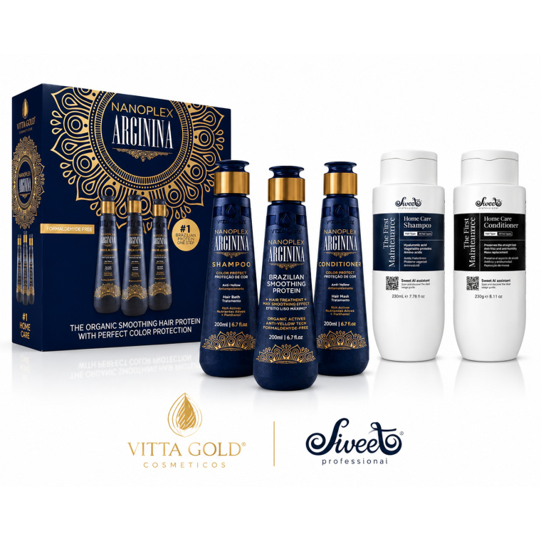 Vitta Gold Nanoplex Arginina & Sweet Professional The First Maintenance – De Perfecte Combinatie voor Langdurig Glad en Gezond Haar Professionele haarverzorging voor een langdurig salonresultaat Ervaar de kracht van twee toonaangevende Braziliaanse merken in één complete verzorgingsroutine. Vitta Gold Nanoplex Arginina en Sweet Professional The First Maintenance vormen samen de ideale combinatie om het haar intensief te herstellen, te voeden en langdurig glad, glanzend en pluisvrij te houden. Na een keratine-, proteïne- of smoothingbehandeling heeft het haar specifieke verzorging nodig. Deze professionele producten helpen de gladde structuur te behouden, beschermen de haarvezel en zorgen ervoor dat het haar langer gezond, sterk en zijdezacht blijft. Waarom kiezen voor deze combinatie? ✔ Professionele salonkwaliteit ✔ Langdurige bescherming na keratine- en proteïnebehandelingen ✔ Vermindert pluis en ongewenst volume ✔ Geeft intense glans en een zijdezachte finish ✔ Hydrateert droog en beschadigd haar ✔ Ondersteunt de natuurlijke haarstructuur ✔ Geschikt voor dagelijks gebruik ✔ Voor alle haartypes, inclusief gekleurd en chemisch behandeld haar Vitta Gold Nanoplex Arginina De Nanoplex Arginina-lijn is ontwikkeld met moderne Braziliaanse technologie en verzorgende ingrediënten die het haar intensief ondersteunen. De formule helpt de haarvezel te versterken, vochtverlies te beperken en de natuurlijke soepelheid van het haar te behouden. Belangrijkste voordelen Intensieve hydratatie Minder pluizig haar Meer glans en elasticiteit Sterker en gezonder haar Professionele verzorging voor thuis Sweet Professional The First Maintenance Sweet Professional is wereldwijd geliefd bij professionele salons. De First Maintenance Shampoo en Conditioner zijn speciaal ontwikkeld om het resultaat van een smoothing-, keratine- of proteïnebehandeling zo lang mogelijk te behouden. De formule met verzorgende ingrediënten reinigt het haar op milde wijze zonder het uit te drogen en helpt het haar soepel, glad en gemakkelijk doorkambaar te houden. Voordelen Milde dagelijkse reiniging Intensieve voeding Behoud van het gladde resultaat Bescherming tegen vocht en pluis Zijdezachte finish Voor wie is deze set geschikt? Deze combinatie is ideaal voor: Droog haar Beschadigd haar Pluizig haar Dik haar Krullend haar Chemisch behandeld haar Gekleurd haar Haar na keratine-, proteïne- of botoxbehandelingen Gebruiksaanwijzing Was het haar met de Sweet Professional Shampoo. Spoel zorgvuldig uit. Breng de Sweet Professional Conditioner aan op de lengtes en punten. Laat 2 tot 5 minuten inwerken. Spoel grondig uit. Gebruik daarnaast de Vitta Gold Nanoplex Arginina-producten volgens de aanbevolen behandeling voor optimaal resultaat. Waarom bestellen bij Flaka.be? Bij Flaka.be bent u verzekerd van originele professionele haarproducten, deskundig advies en snelle levering vanuit België. Wij werken uitsluitend met kwaliteitsmerken die wereldwijd worden gebruikt door professionele kappers en salons. ✔ 100% originele producten ✔ Professioneel advies ✔ Snelle verzending ✔ Officiële haarproducten ✔ Uitstekende klantenservice