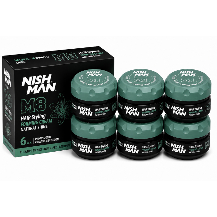 Nish Man M8 Forming Cream Natural Shine is een professionele haarstyling wax met een crèmige en modelleerbare textuur. Ideaal voor het creëren van verzorgde kapsels met definitie, controle en een natuurlijke glans. Deze voordeelverpakking bevat 6 potten van 100 ml en is geschikt voor kapsalons, barbershops en thuisgebruik. Verkrijgbaar bij flaka.be.