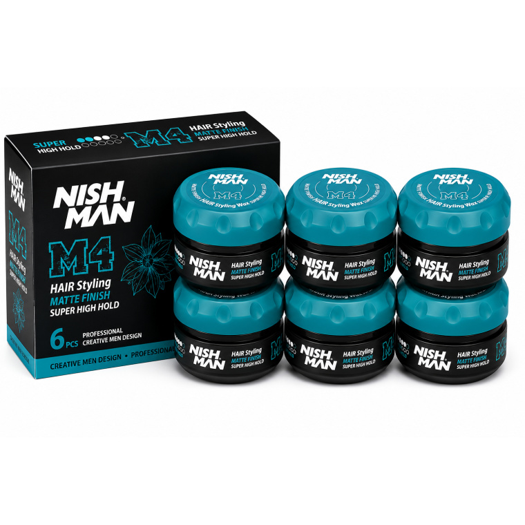 Nish Man M4 Matte Finish Hair Styling Wax is ontwikkeld voor krachtige haarstyling met Super High Hold en een matte uitstraling. Ideaal voor strakke, moderne en gestructureerde kapsels. Deze voordeelverpakking bevat 6 potten van 100 ml en is geschikt voor kapsalons, barbershops en thuisgebruik. Verkrijgbaar bij flaka.be.