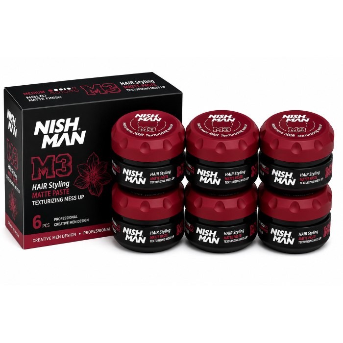 Nish Man M3 Matte Paste Hair Texturizing Mess Up is een professionele styling paste voor het creëren van moderne kapsels met extra textuur, definitie en een natuurlijke matte finish. De voordeelverpakking bevat 6 potten van 100 ml en is ideaal voor barbershops, kapsalons en regelmatig thuisgebruik. Ontdek professionele Nish Man haarstyling bij flaka.be.