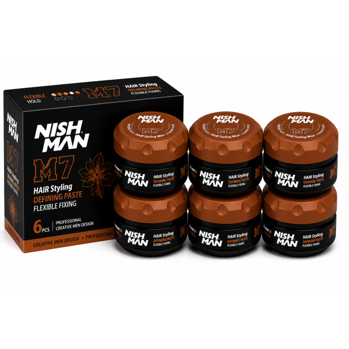 Nish Man M6 Pliable Matte Hair Styling Wax Inca Inchi is een professionele styling wax voor flexibele controle, textuur en een natuurlijke matte finish. De modelleerbare formule is ideaal voor moderne korte en middellange kapsels. Deze voordeelverpakking bevat 6 potten van 100 ml en is geschikt voor barbershops, kapsalons en thuisgebruik. Verkrijgbaar bij flaka.be.