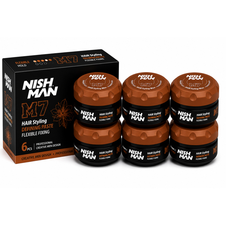 Nish Man M6 Pliable Matte Hair Styling Wax Inca Inchi is een professionele styling wax voor flexibele controle, textuur en een natuurlijke matte finish. De modelleerbare formule is ideaal voor moderne korte en middellange kapsels. Deze voordeelverpakking bevat 6 potten van 100 ml en is geschikt voor barbershops, kapsalons en thuisgebruik. Verkrijgbaar bij flaka.be.
