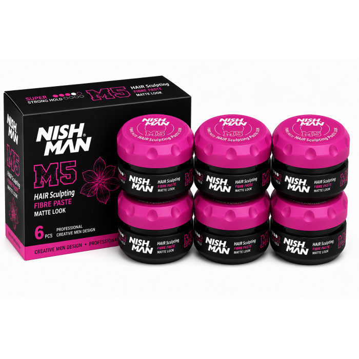 Nish Man M5 Fibre Hair Sculpting Paste is een professionele styling paste voor sterke controle, extra textuur en een moderne matte look. Ideaal voor het modelleren en definiëren van korte tot middellange kapsels. Deze voordeelverpakking bevat 6 potten van 100 ml en is geschikt voor barbershops, kapsalons en thuisgebruik. Verkrijgbaar bij flaka.be.