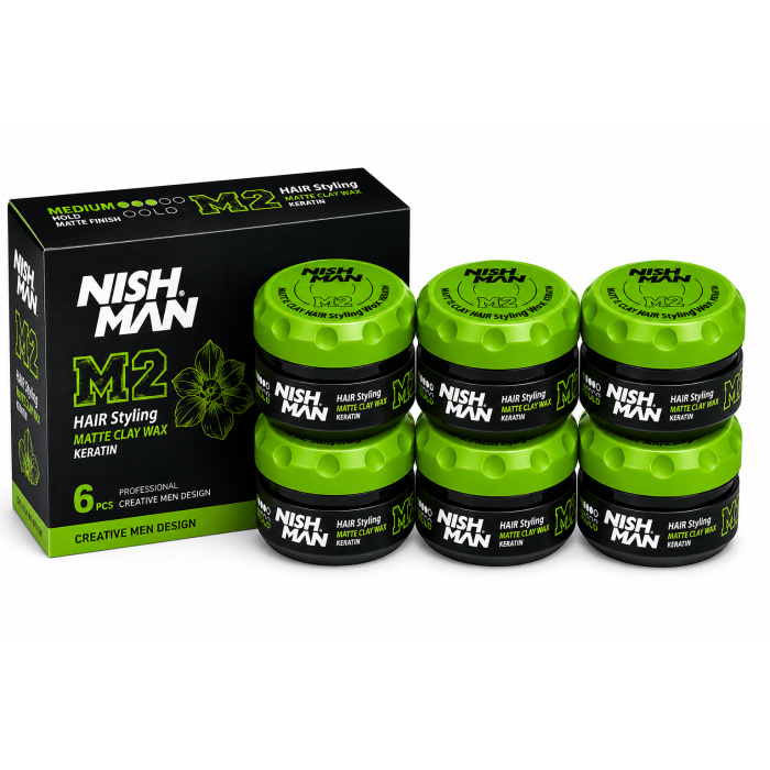 Nish Man M2 Matte Clay Hair Styling Wax Keratin geeft het haar definitie, structuur en een natuurlijke matte finish. De professionele styling wax biedt medium hold en is geschikt voor verschillende korte en middellange kapsels. Deze voordeelverpakking bevat 6 potten van 100 ml en is ideaal voor kapsalons, barbershops en thuisgebruik. Verkrijgbaar bij flaka.be.