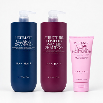 NAK Hair Ultimate Cleanse & Structure Complex Trio Set – 2 x 1L Shampoo + Replends Leave-In 150ml
