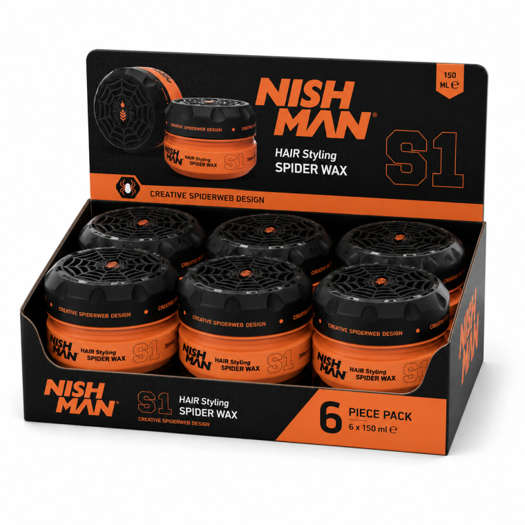 Ontdek Nishman S1 Black Widow Spider Wax 150 ml – 6 stuks, een professionele stylingwax met een unieke spider-textuur voor sterke controle, duidelijke definitie en een flexibel stylingresultaat. Ideaal voor barbershops, kapsalons en thuisgebruik. Geschikt voor korte en middellange kapsels, textured looks, spikes, quiff, pompadour en moderne barber-stijlen. Bestel de Nishman S1 Spider Wax 6-pack eenvoudig via flaka.be.