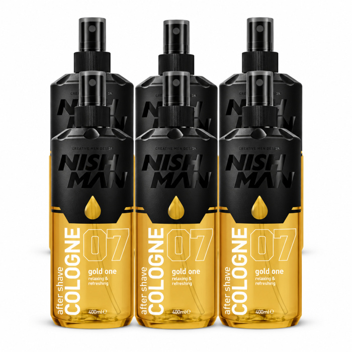 Nish Man After Shave Cologne No.07 Gold One 6 x 400 ml voor een frisse en verzorgde finish na het scheren. Ideaal voor barbershops en thuisgebruik. Verkrijgbaar bij flaka.be.