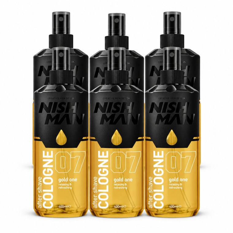 Nish Man After Shave Cologne No.07 Gold One 6 x 400 ml voor een frisse en verzorgde finish na het scheren. Ideaal voor barbershops en thuisgebruik. Verkrijgbaar bij flaka.be.