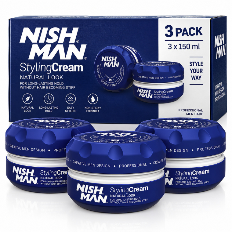 Nishman Styling Cream No.5 Medium Hold – 3 x 150 ml – Haarstylingcrème voor Mannen – Natuurlijke Look – Flexibele Hold