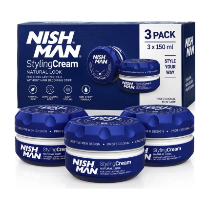 Nishman Styling Cream No.5 Medium Hold – 3 x 150 ml – Haarstylingcrème voor Mannen – Natuurlijke Look – Flexibele Hold