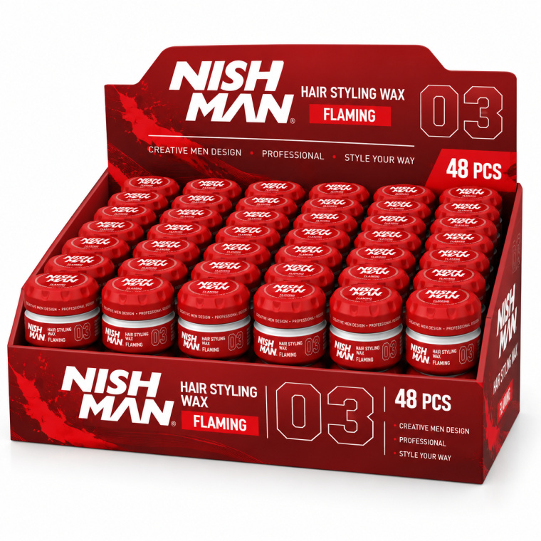 Nish Man Hair Styling Wax Flaming No.03 – Kapper Pro Pakket 48 x 150 ml is een professionele stylingwax voor barbershops, herenkappers en kapsalons. De wax helpt het haar eenvoudig te modelleren, definiëren en in het gewenste kapsel te brengen. Deze professionele voordeelverpakking bevat 48 potten van 150 ml en is bijzonder geschikt voor salons die dagelijks meerdere klanten stylen. Nish Man Flaming No.03 kan worden gebruikt voor verschillende haarstijlen, van strakke en verzorgde barberlooks tot moderne, natuurlijke en gestructureerde kapsels. De wax kan eenvoudig op droog of licht vochtig haar worden aangebracht. Begin met een kleine hoeveelheid en verdeel het product gelijkmatig door het haar. Voor extra structuur, definitie en controle kan de hoeveelheid geleidelijk worden opgebouwd. Bij flaka.be vindt u professionele Nish Man barberproducten voor haarstyling, scheren, verzorging en finishing. Wie zoekt naar Nish Man Flaming Wax 03, Nish Man Hair Styling Wax, professionele barber wax, hair wax 150 ml, Nish Man 48 stuks of een Kapper Pro Pakket, vindt bij flaka.be professionele salonverpakkingen voor intensief gebruik. Bestel Nish Man Hair Styling Wax Flaming No.03 – Kapper Pro Pakket 48 x 150 ml bij flaka.be en zorg voor een praktische professionele voorraad voor barbershop of kapsalon.