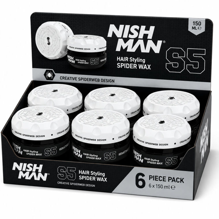 Ontdek Nishman S5 Keratin Spider Wax 150 ml – 6 stuks, een professionele stylingwax met een unieke spider-textuur voor sterke hold, flexibele controle en duidelijke definitie. De formule met keratine helpt het haar verzorgd en soepel te houden en is ideaal voor moderne herenkapsels, barbershops en kapsalons. Geschikt voor korte en middellange kapsels, textured looks, quiff, spikes, pompadour en moderne barber-stijlen. Bestel eenvoudig via flaka.be.