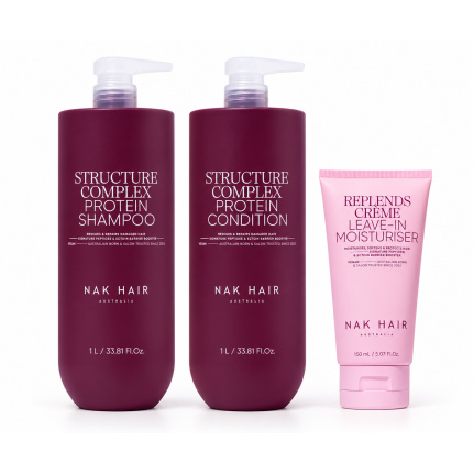 NAK Hair Structure Complex Protein Jumbo Trio Set – Shampoo 1L, Conditioner 1L & Replends Leave-In 150ml