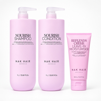 NAK Hair Nourish Jumbo Trio Set 3-Delig – Nourish Shampoo 1L, Conditioner 1L & Replends Leave-In 150ml