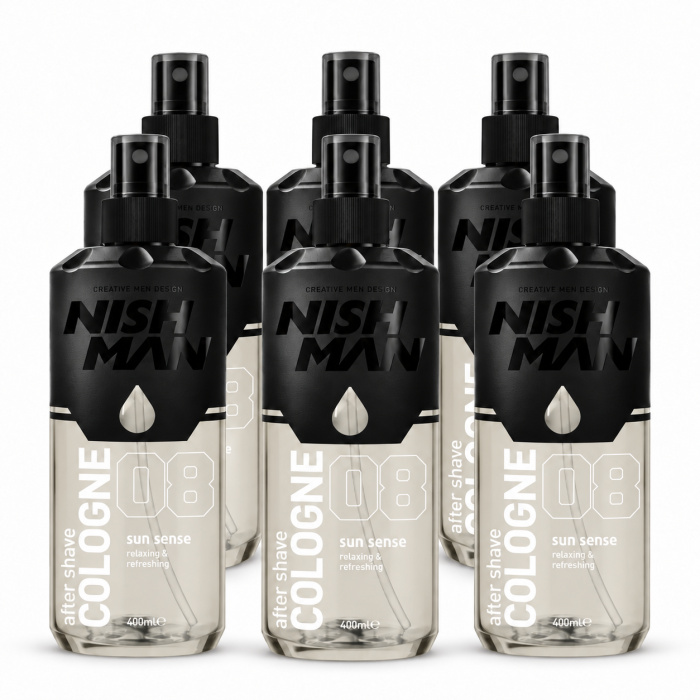 Productbeschrijving Nish Man After Shave Cologne No.08 Sun Sense is een professionele aftershave cologne voor gebruik na het scheren. De frisse, verzorgde geur geeft iedere scheerbehandeling een aangename finishing touch en is ideaal voor barbershops, herenkappers, kapsalons en dagelijks thuisgebruik. De voordeelverpakking van 6 x 400 ml is bijzonder geschikt voor professionals die regelmatig aftershave gebruiken. Nish Man No.08 Sun Sense geeft de huid na het scheren een fris gevoel en laat een moderne, mannelijke geur achter. Merk: Nish Man Variant: No.08 Sun Sense Producttype: After Shave Cologne Inhoud: 6 x 400 ml Gebruik: Professioneel en thuisgebruik Geschikt voor: Barbershops, herenkappers en persoonlijke verzorging Gebruiksaanwijzing Spoel na het scheren het gezicht en de hals zorgvuldig af met koud of lauwwarm water. Verwijder alle resten van scheerschuim of scheergel en dep de huid voorzichtig droog met een schone handdoek. Spray een kleine hoeveelheid Nish Man No.08 Sun Sense op de handen of vanaf een korte afstand rechtstreeks op de gewenste zones. Verdeel de cologne zachtjes over de pas geschoren huid van gezicht en hals. Laat het product vanzelf opdrogen. Afspoelen is niet nodig. Voor professioneel gebruik in een barbershop kan de cologne als laatste stap van de scheerbehandeling worden gebruikt voor een frisse en verzorgde finish. Resultaat Na gebruik voelt de huid fris en verzorgd aan. De Sun Sense-geur geeft de behandeling een moderne, mannelijke finishing touch en maakt het product geschikt voor zowel professioneel als dagelijks gebruik. Voorzorgsmaatregelen Alleen voor uitwendig gebruik. Vermijd contact met ogen en slijmvliezen. Niet aanbrengen op open wondjes of sterk geïrriteerde huid. Bij contact met de ogen onmiddellijk grondig uitspoelen met water. Buiten bereik van kinderen bewaren. Beschermen tegen direct zonlicht en overmatige warmte. Vanwege het alcoholgehalte uit de buurt houden van open vuur en andere ontstekingsbronnen.
