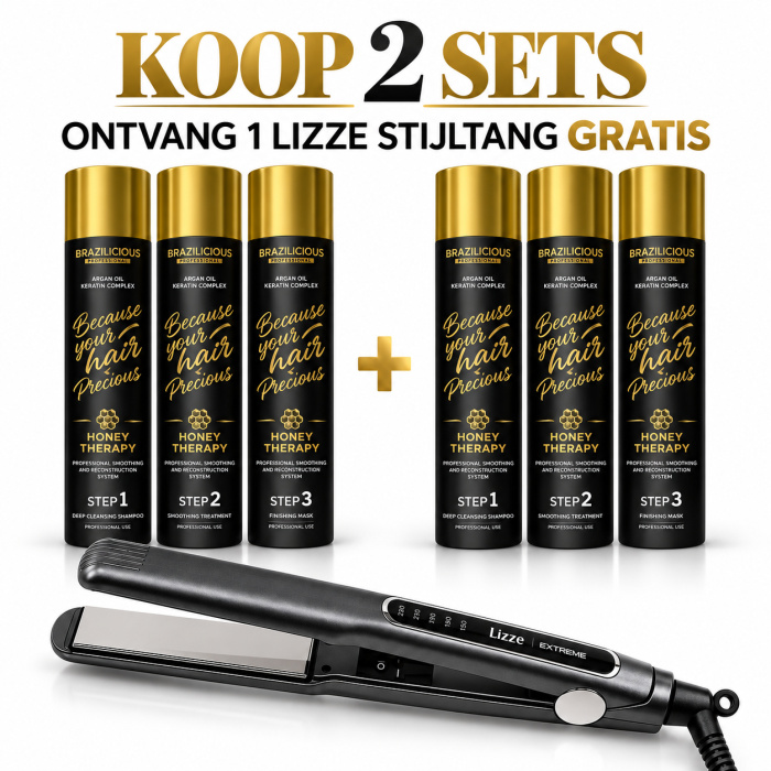 Ontdek deze speciale professionele aanbieding bij Flaka.be: koop 2 complete Brazilicious Honey Therapy 3-stappen sets en ontvang een Lizze Extreme professionele stijltang GRATIS. Iedere set bevat Step 1 Deep Cleansing Shampoo, Step 2 Smoothing Treatment en Step 3 Finishing Mask. In totaal ontvangt u 6 professionele Brazilicious haarproducten plus een gratis Lizze Extreme stijltang. Een complete combinatie voor kapsalons, keratinespecialisten en professionals die regelmatig smoothing- en gladmakende haarbehandelingen uitvoeren. Verkrijgbaar bij Flaka.be.