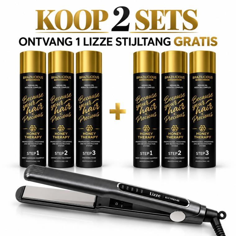 Ontdek deze speciale professionele aanbieding bij Flaka.be: koop 2 complete Brazilicious Honey Therapy 3-stappen sets en ontvang een Lizze Extreme professionele stijltang GRATIS. Iedere set bevat Step 1 Deep Cleansing Shampoo, Step 2 Smoothing Treatment en Step 3 Finishing Mask. In totaal ontvangt u 6 professionele Brazilicious haarproducten plus een gratis Lizze Extreme stijltang. Een complete combinatie voor kapsalons, keratinespecialisten en professionals die regelmatig smoothing- en gladmakende haarbehandelingen uitvoeren. Verkrijgbaar bij Flaka.be.