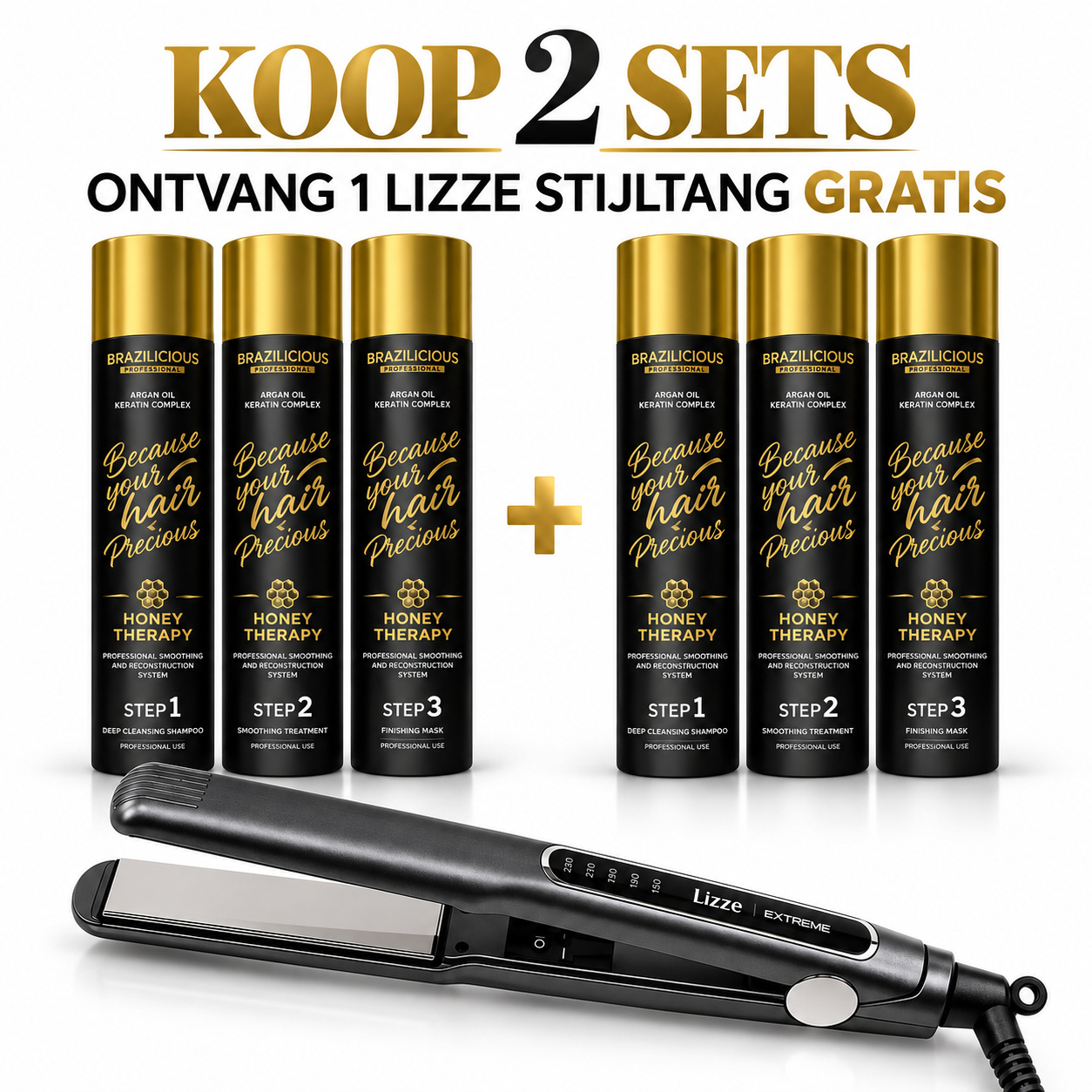 Brazilicious Honey Therapy 2x 3-Stappen Set + GRATIS Lizze Extreme Stijltang – Professionele Keratine Deal