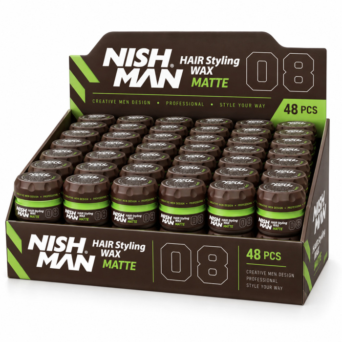 Nish Man Hair Styling Wax Matte No.08 – Kapper Pro Pakket 48 x 150 ml is een professionele stylingwax voor barbershops, herenkappers en kapsalons. De wax helpt het haar vorm, structuur en controle te geven en zorgt voor een moderne matte finish zonder opvallende glans. Deze professionele voordeelverpakking bevat 48 potten van 150 ml en is ideaal voor salons die dagelijks meerdere klanten stylen. Nish Man Matte No.08 kan worden gebruikt voor verschillende kapsels, van natuurlijke en gestructureerde looks tot strakke moderne barberstijlen. De wax wordt eenvoudig tussen de handen verdeeld en kan vervolgens op droog of licht vochtig haar worden aangebracht. Voor extra definitie kan het product geleidelijk worden opgebouwd. Bij flaka.be vindt u professionele Nish Man barberproducten voor styling, scheren, verzorging en finishing. Wie zoekt naar Nish Man Matte Wax 08, Nish Man Hair Styling Wax, matte barber wax, professionele haarwax 150 ml, Nish Man 48 stuks of een Kapper Pro Pakket, vindt bij flaka.be professionele salonverpakkingen voor intensief gebruik. Bestel Nish Man Hair Styling Wax Matte No.08 – Kapper Pro Pakket 48 x 150 ml bij flaka.be en zorg voor een praktische professionele voorraad voor barbershop of kapsalon.