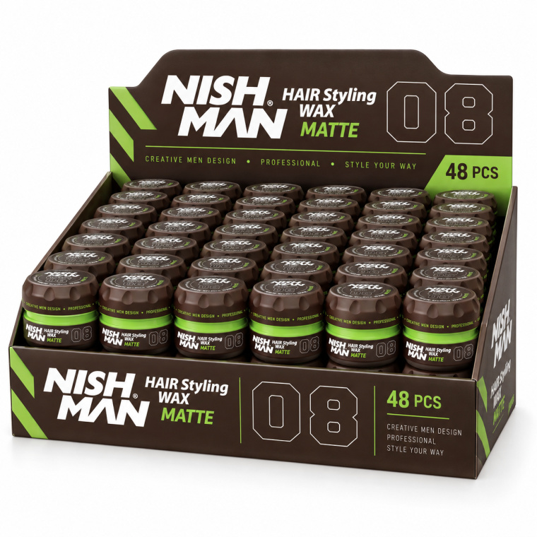 Nish Man Hair Styling Wax Matte No.08 – Kapper Pro Pakket 48 x 150 ml is een professionele stylingwax voor barbershops, herenkappers en kapsalons. De wax helpt het haar vorm, structuur en controle te geven en zorgt voor een moderne matte finish zonder opvallende glans. Deze professionele voordeelverpakking bevat 48 potten van 150 ml en is ideaal voor salons die dagelijks meerdere klanten stylen. Nish Man Matte No.08 kan worden gebruikt voor verschillende kapsels, van natuurlijke en gestructureerde looks tot strakke moderne barberstijlen. De wax wordt eenvoudig tussen de handen verdeeld en kan vervolgens op droog of licht vochtig haar worden aangebracht. Voor extra definitie kan het product geleidelijk worden opgebouwd. Bij flaka.be vindt u professionele Nish Man barberproducten voor styling, scheren, verzorging en finishing. Wie zoekt naar Nish Man Matte Wax 08, Nish Man Hair Styling Wax, matte barber wax, professionele haarwax 150 ml, Nish Man 48 stuks of een Kapper Pro Pakket, vindt bij flaka.be professionele salonverpakkingen voor intensief gebruik. Bestel Nish Man Hair Styling Wax Matte No.08 – Kapper Pro Pakket 48 x 150 ml bij flaka.be en zorg voor een praktische professionele voorraad voor barbershop of kapsalon.